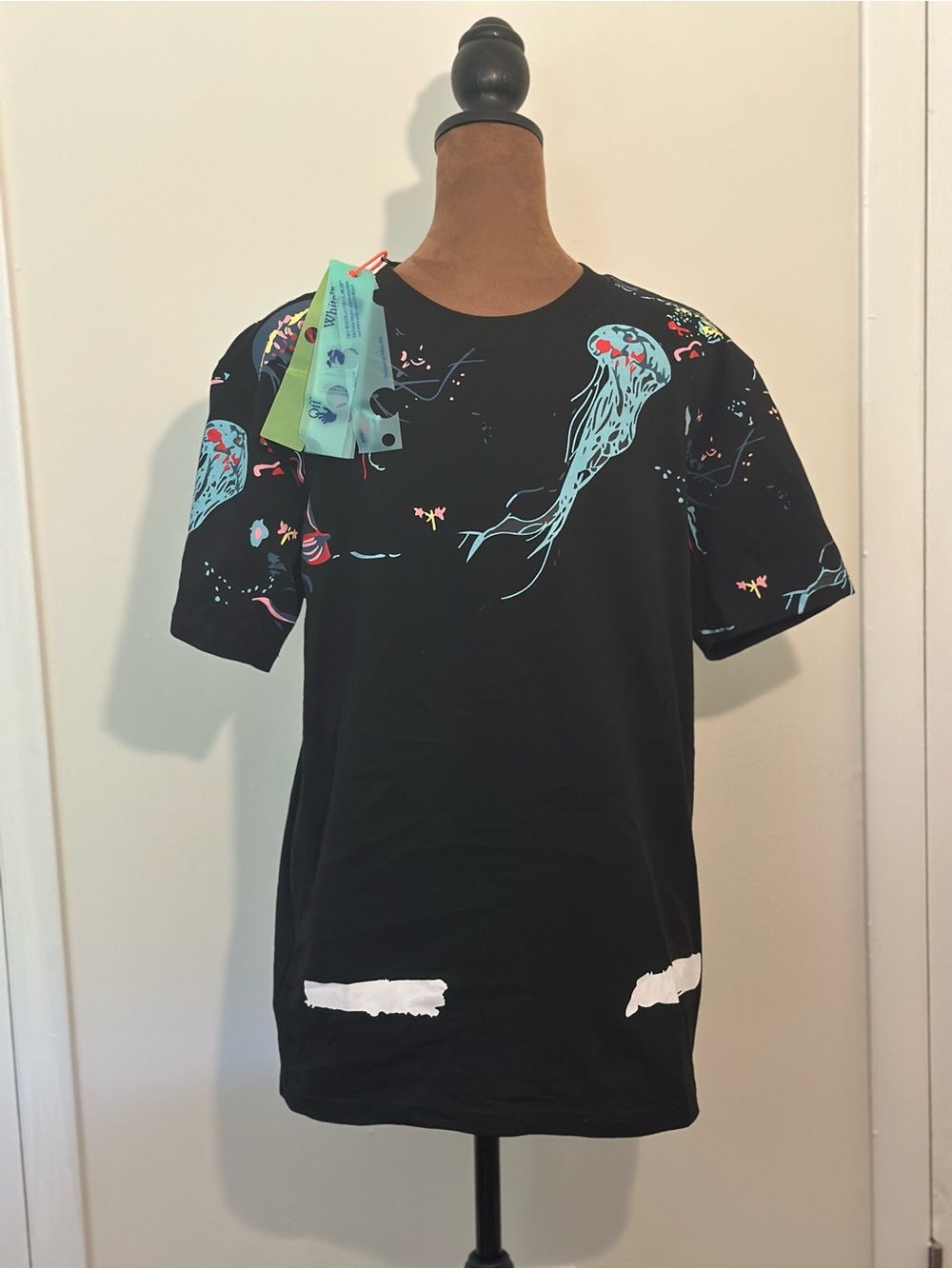 Off-White Black Tee with Aqua Jellyfish Graphic